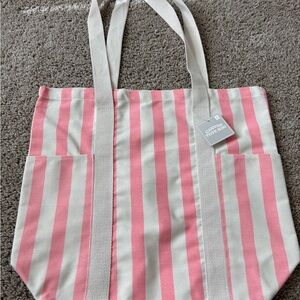 totes Pink and Cream Striped Canvas Tote with Exterior Pockets